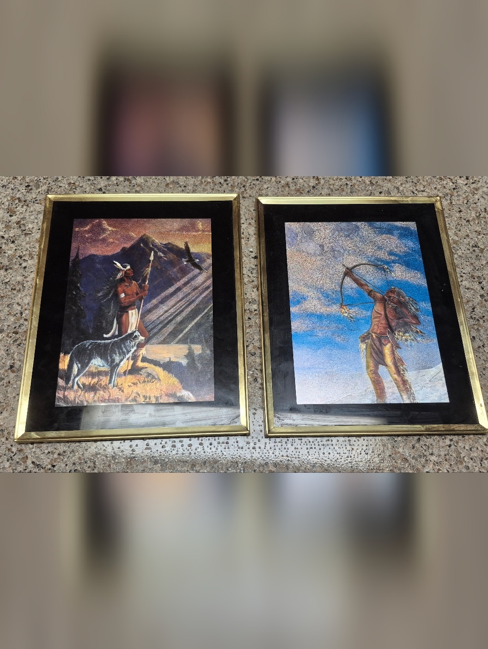 Vintage Native American Foil Art Set of 2 - Spear & Wolf / Hunting Spirit - 8x10